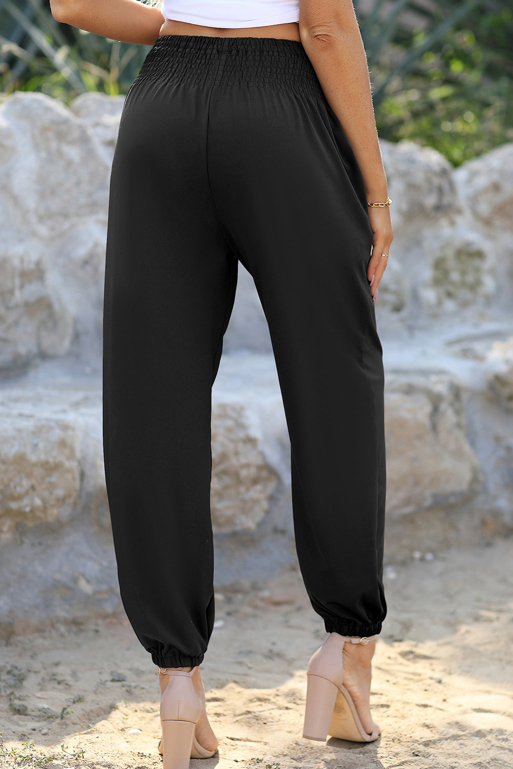 Black Pocketed Shirred High Waist Joggers