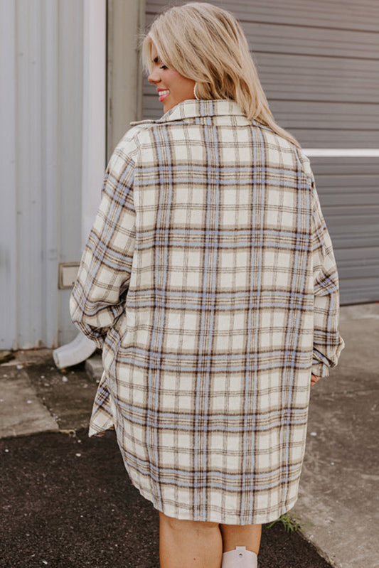 PLUS SIZE- White Plaid Print Tunic Side Slits Shacket