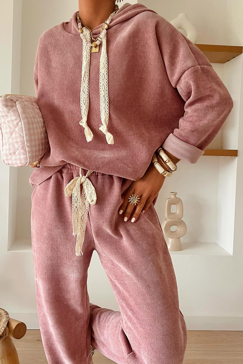 Drawstring Pullover Hoodie and High Waist Pants Corduroy Suit -2 COLOR OPTIONS