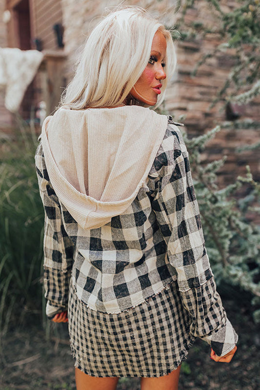 Black Plaid Patchwork Drawstring Hooded Raw Hem Shacket