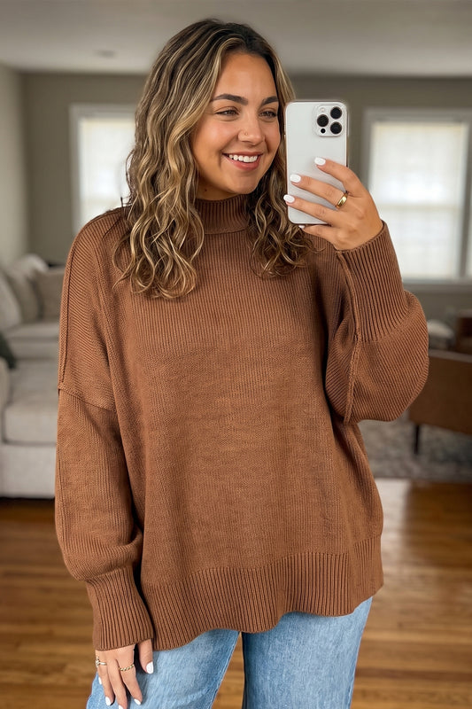 PLUS SIZE -Chestnut Oversized Ribbed Knit Long Sleeve Tunic Plus Size Sweater