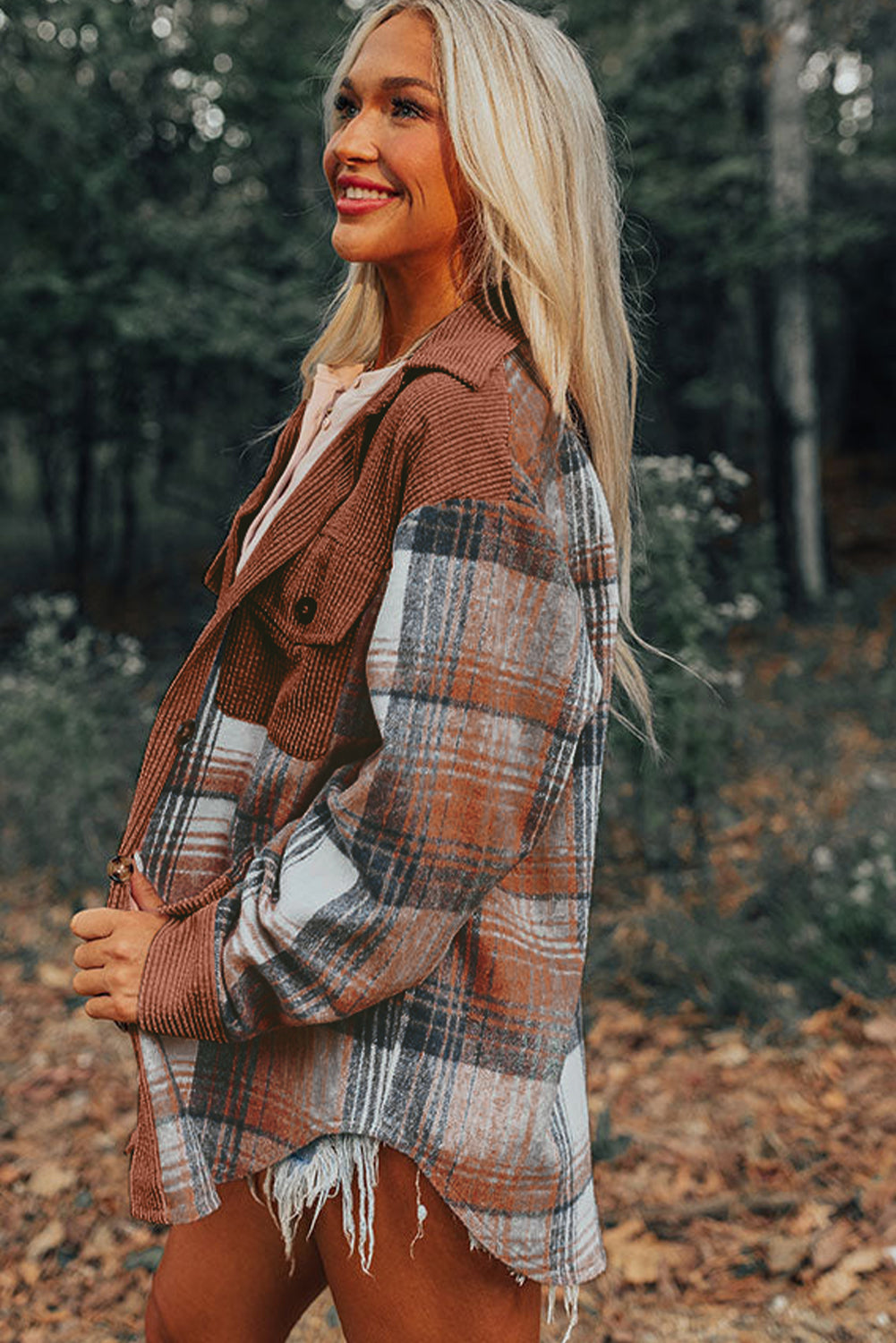 Plaid Corduroy Patchwork Pocket Loose Shacket -2 COLOR OPTIONS