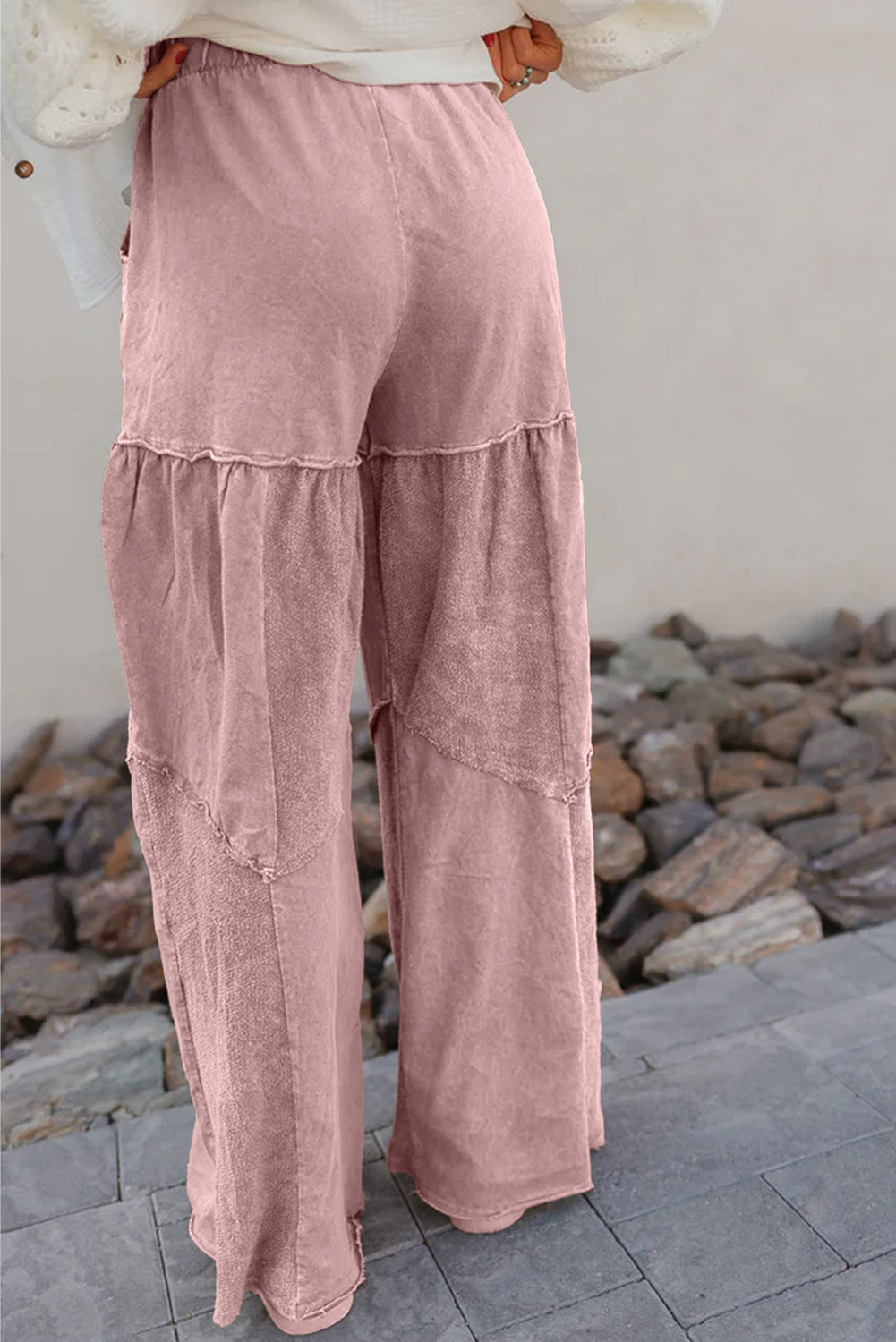 Mineral Wash Tiered Wide Leg Patchwork Drawstring Pants -3 COLOR OPTIONS