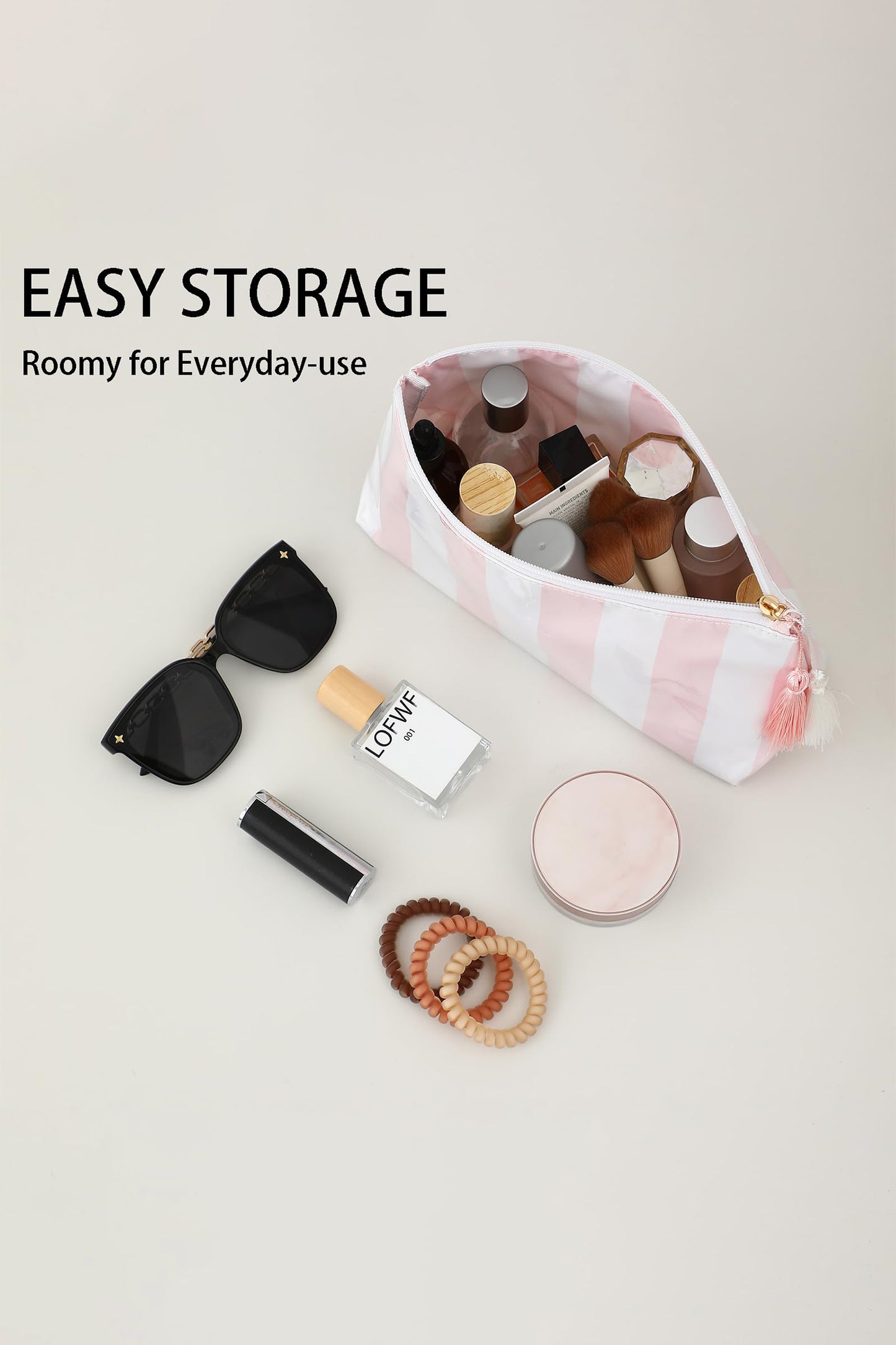 Striped Vinyl Waterproof Tassel Zipper Makeup Bag- 4 COLOR OPTIONS