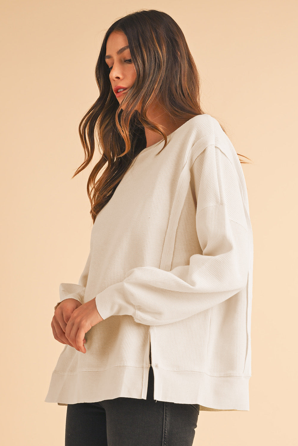 Waffle Bishop Sleeve Split Oversized Sweatshirt -3 Colors