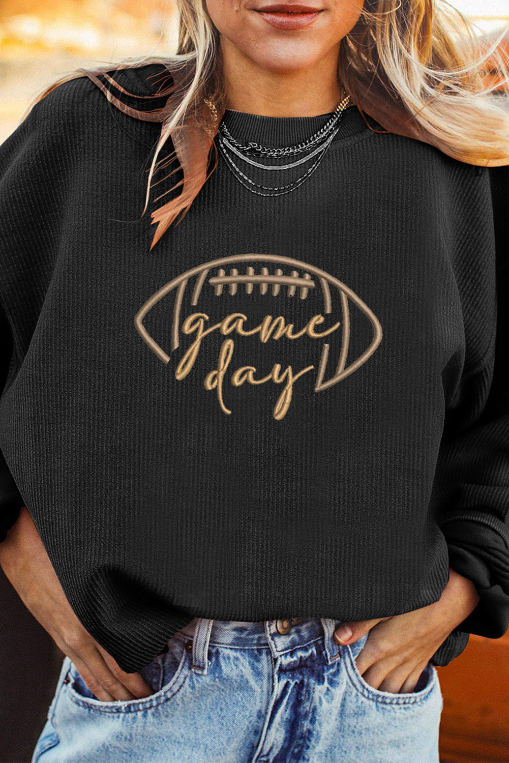Football Graphic Drop Shoulder Game Day Corded Sweatshirt -5 COLOR OPTIONS
