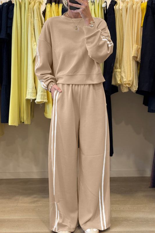 Varsity Striped Detail Cropped Pullover Wide Leg Pants 2pcs Outfit -2 COLOR OPTIONS