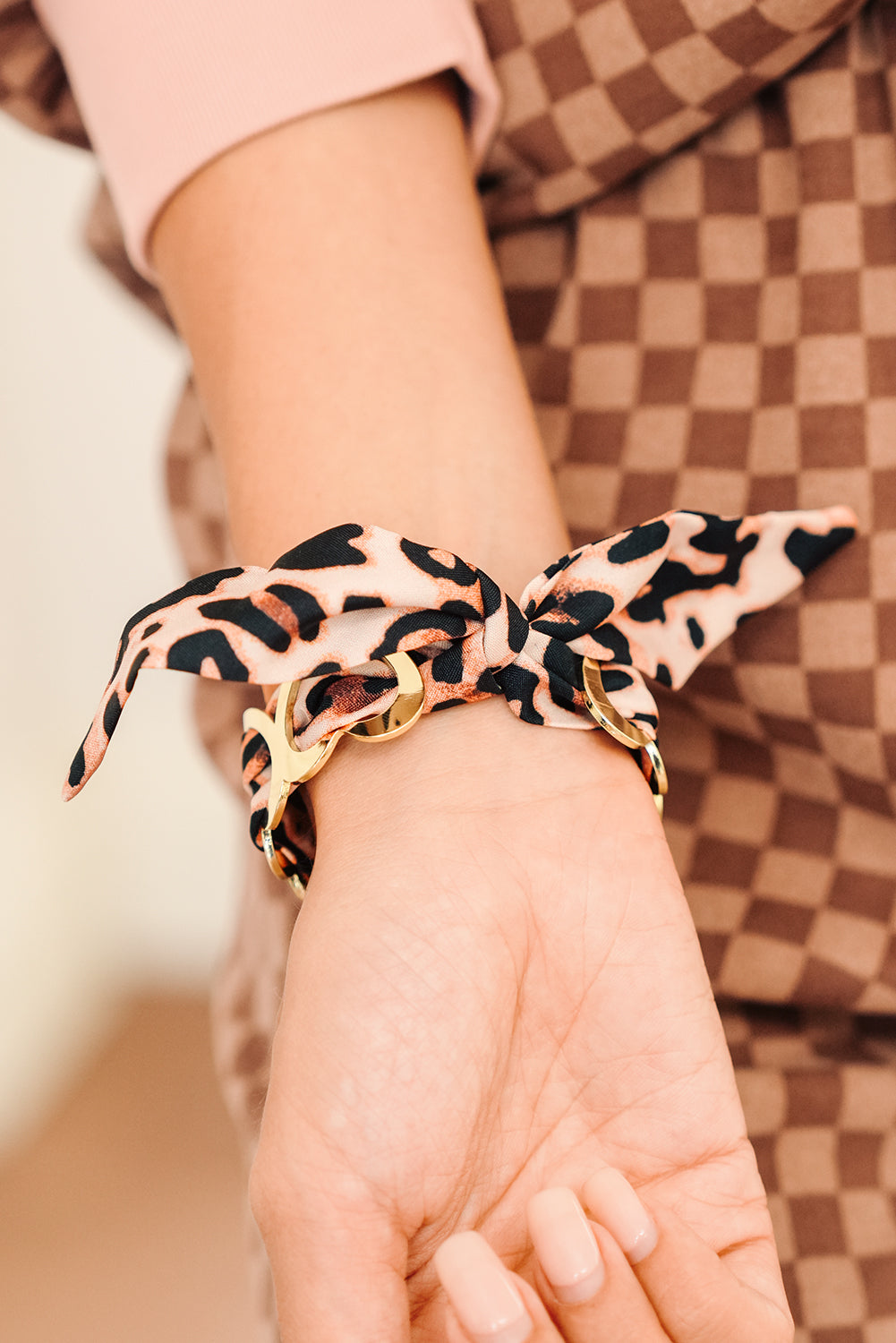 Gold Hollow Out Heart Leopard Print Ribbon Bracelet