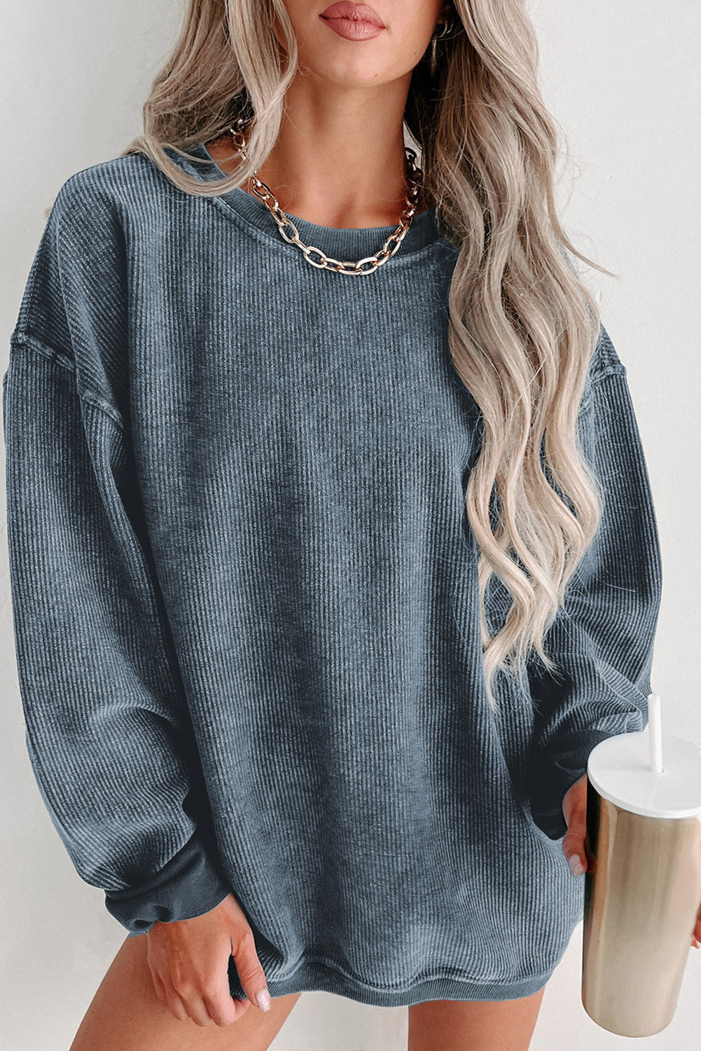 Solid Ribbed Round Neck Pullover Sweatshirt -Variety of Colors