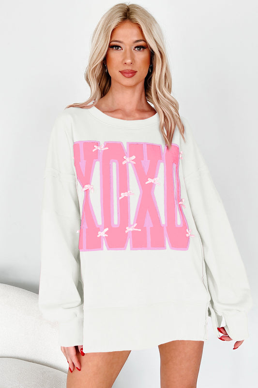 Bow Sequin XOXO Letter Graphic Exposed Seam Baggy Sweatshirt -3 COLOR OPTIONS