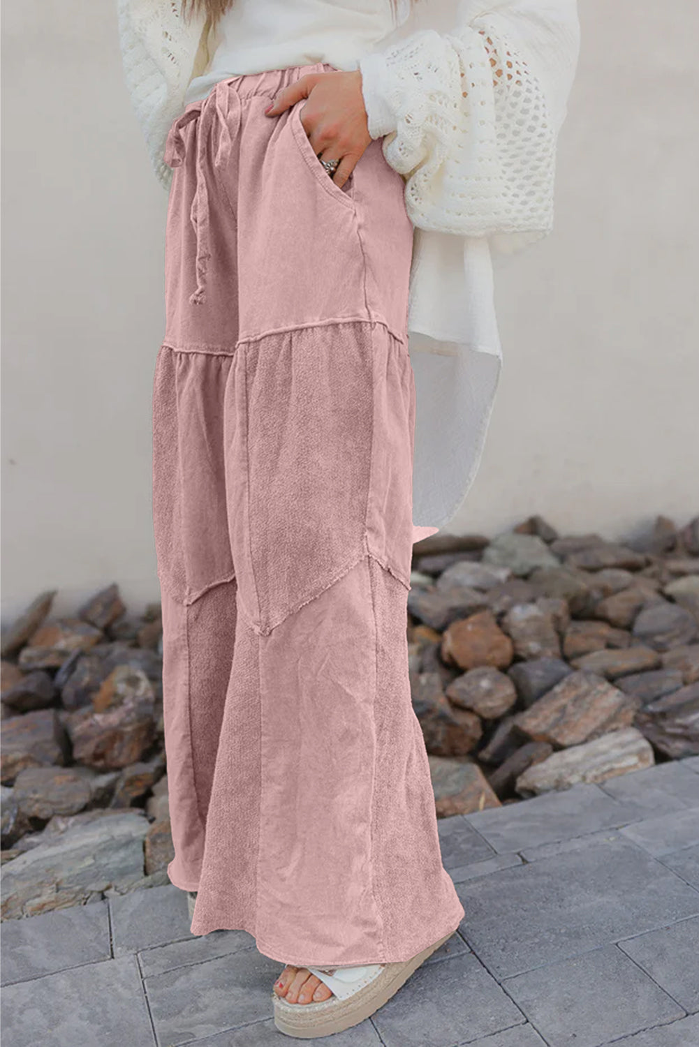 Mineral Wash Tiered Wide Leg Patchwork Drawstring Pants -3 COLOR OPTIONS