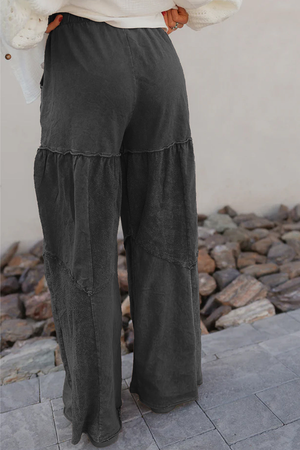 Mineral Wash Tiered Wide Leg Patchwork Drawstring Pants -3 COLOR OPTIONS