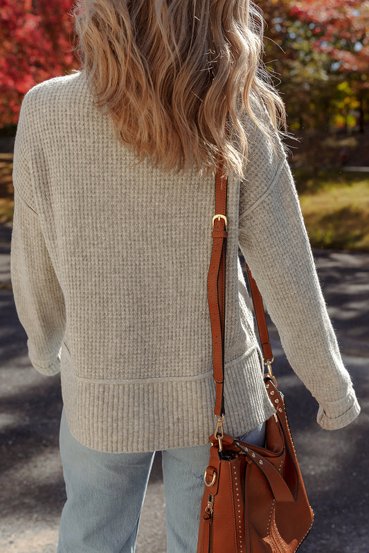 WAREHOUSE SALE -Gray Morn Waffle Knit Ribbed High Neck Drop Shoulder Sweater
