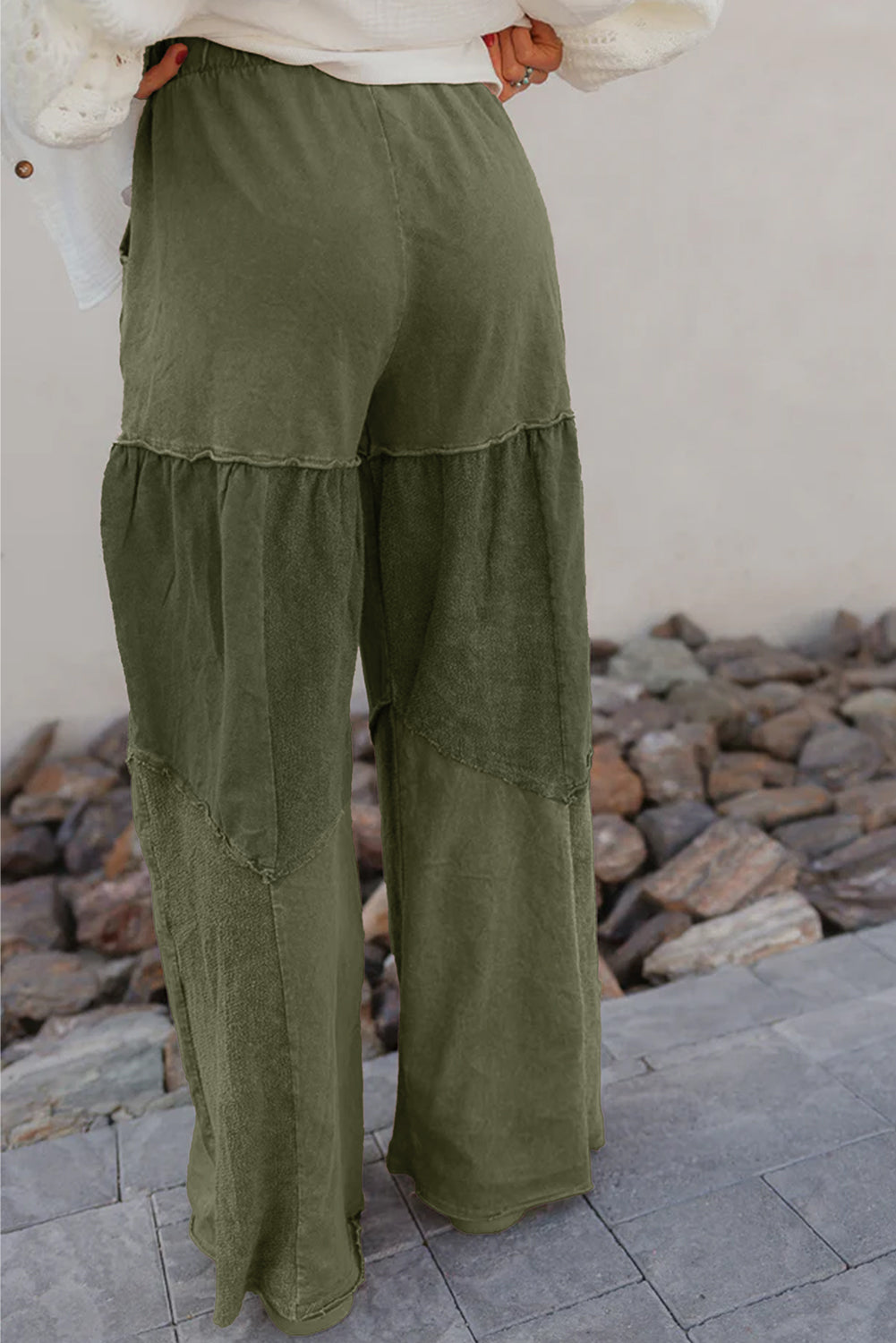 Mineral Wash Tiered Wide Leg Patchwork Drawstring Pants -3 COLOR OPTIONS
