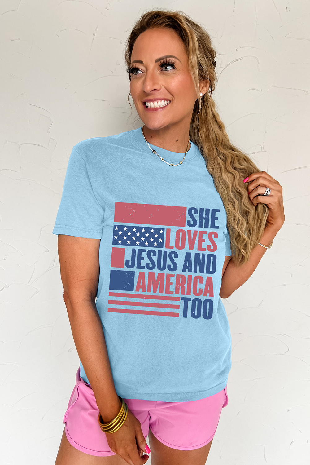 Light Blue SHE LOVES JESUS AND AMERICA TOO Heat Transfer Printing Patriotic T Shirt