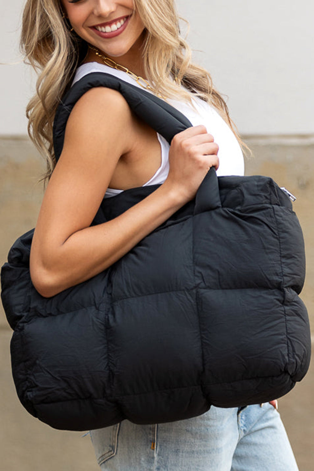 Solid Quilted Puffy Zipped Large Tote Bag -3 COLOR OPTIONS