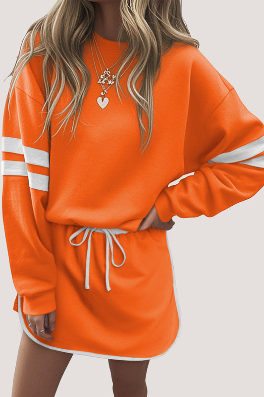 Varsity Stripe Detail Drop Shoulder Pullover Mini Skirt Set -3 COLOR OPTIONS