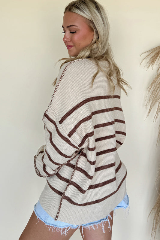 WAREHOUSE SALE -Brown Striped Exposed Seam Loose Henley Sweater