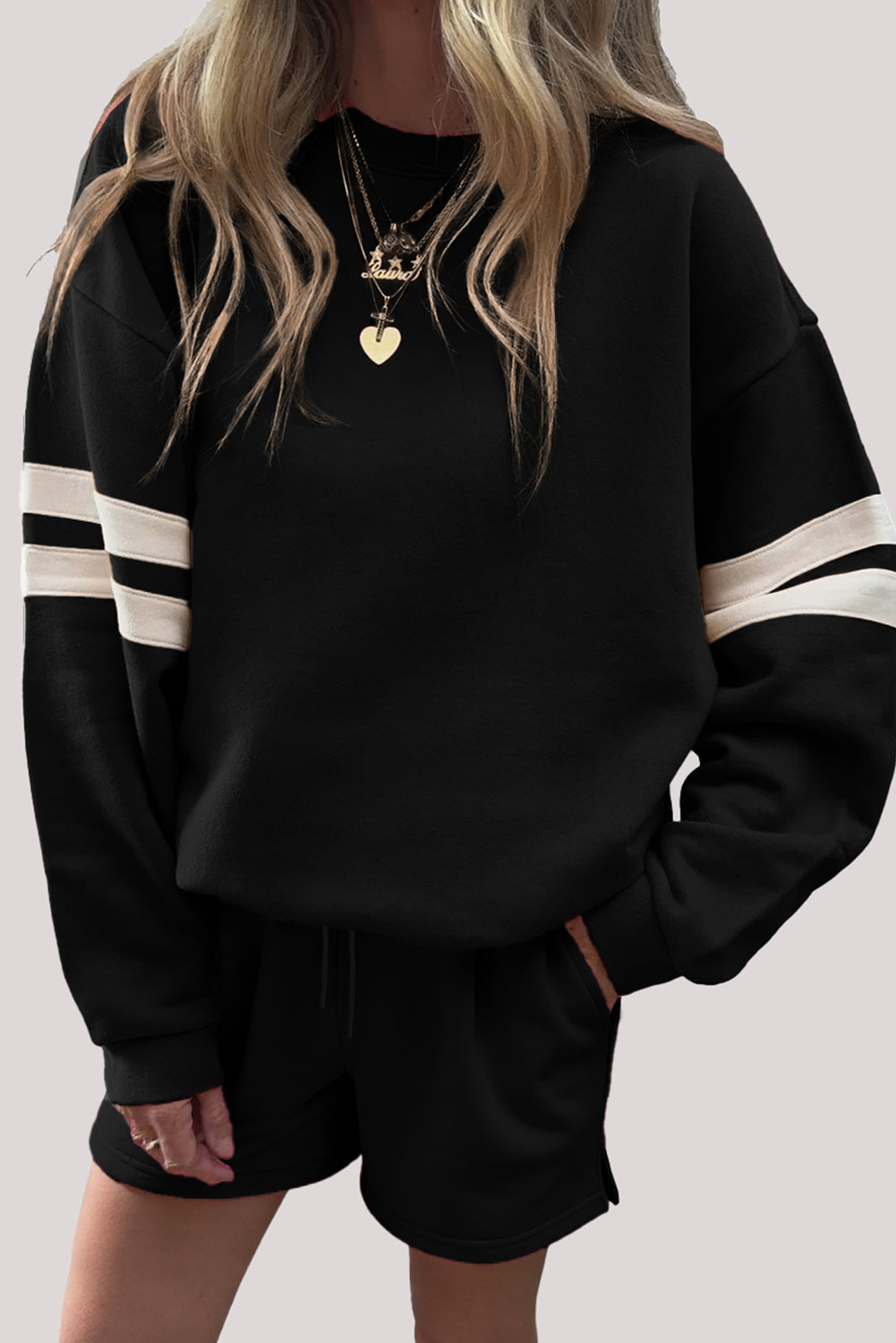 Varsity Striped Sleeve Drop Shoulder Sweatshirt and Shorts Set -3 COLOR OPTIONS