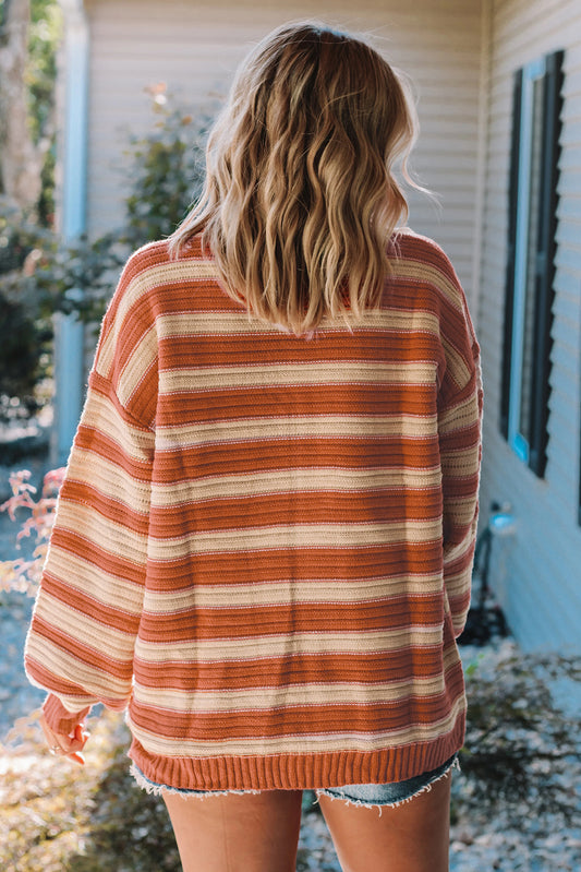 WAREHOUSE SALE-Orange Striped Ribbed Trim Drop Shoulder Sweater