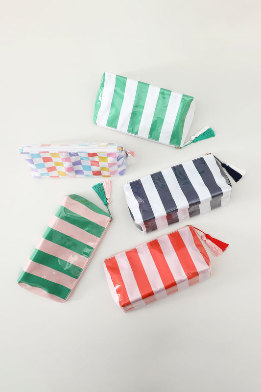Striped Vinyl Waterproof Tassel Zipper Makeup Bag- 4 COLOR OPTIONS