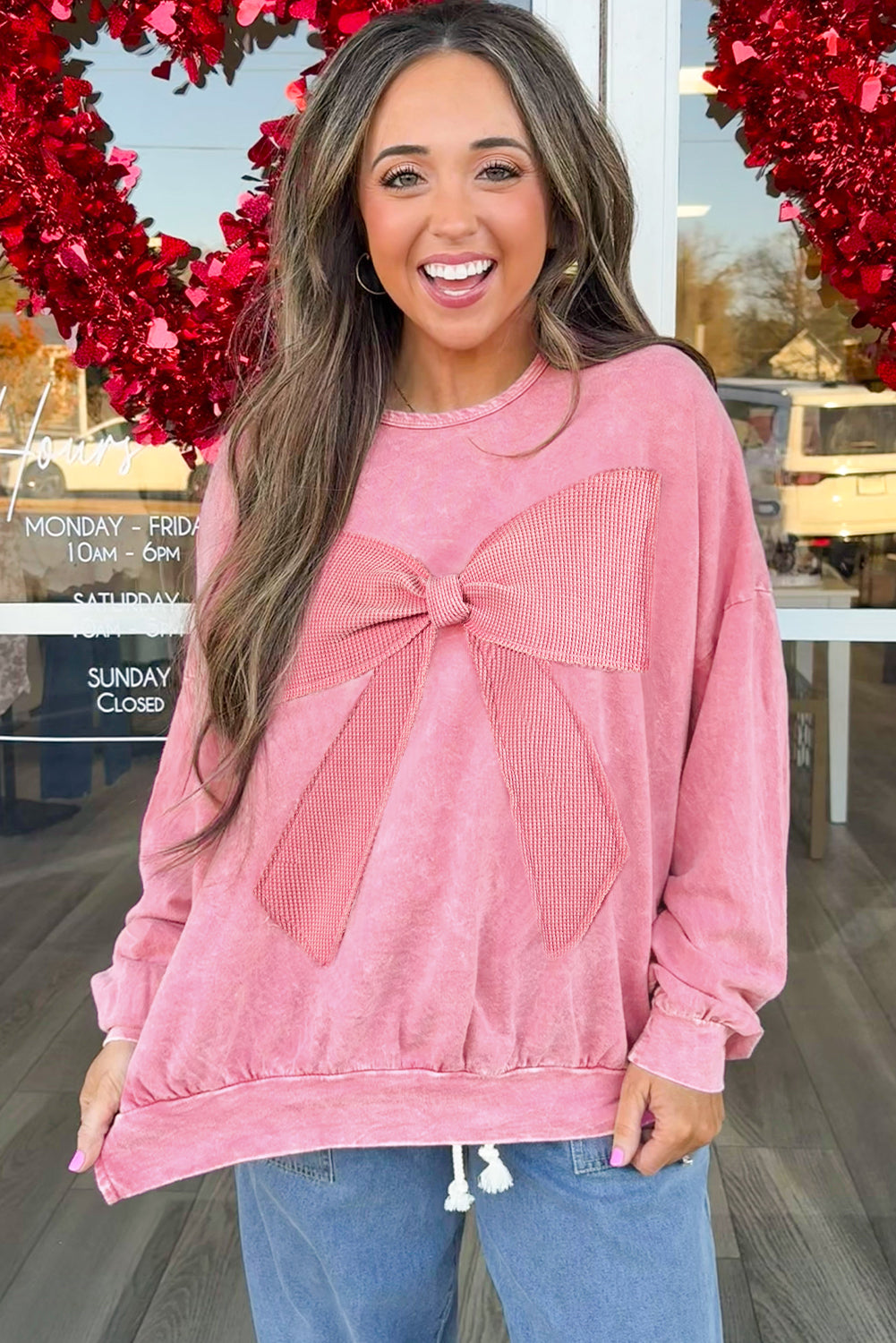 Mineral Wash Waffle Bow Patched Pullover Sweatshirt -2 COLOR OPTIONS