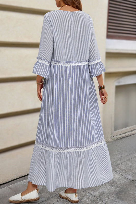 Sky Blue Stripe Patchwork Lace Detail Bracelet Sleeve Maxi Dress