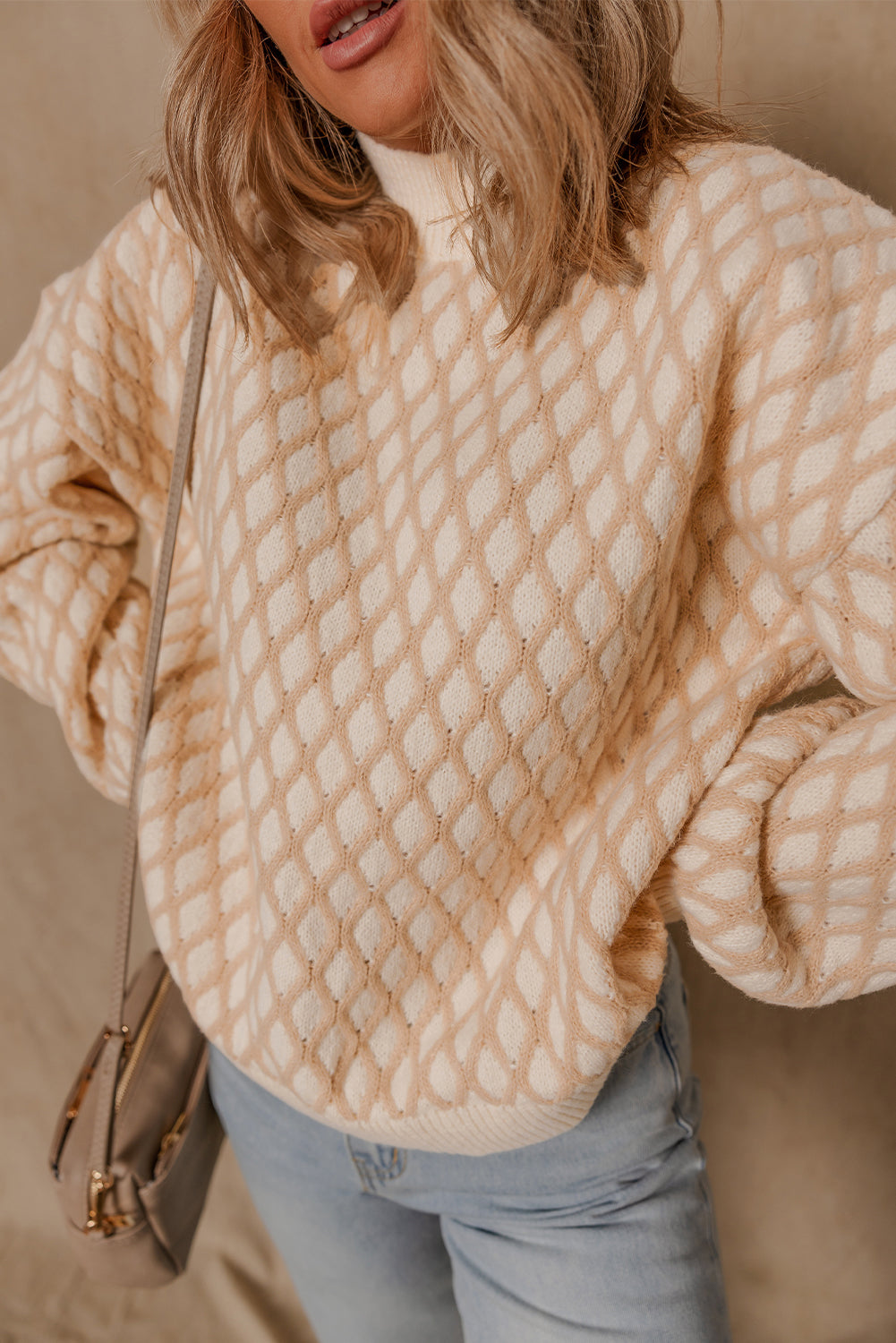 Checkered Textured Knit Mock Neck Sweater