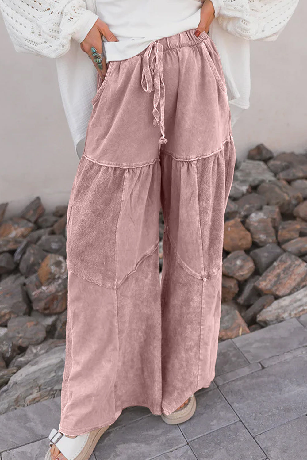 Mineral Wash Tiered Wide Leg Patchwork Drawstring Pants -3 COLOR OPTIONS