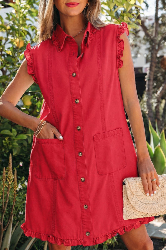 Ruffled Edge Collared Shift Denim Dress with Pockets- 3 COLOR OPTIONS