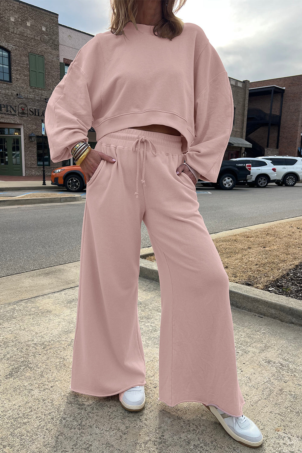 Drop Shoulder Crop Pullover Drawstring Wide Leg Pants Set -3 COLOR OPTIONS
