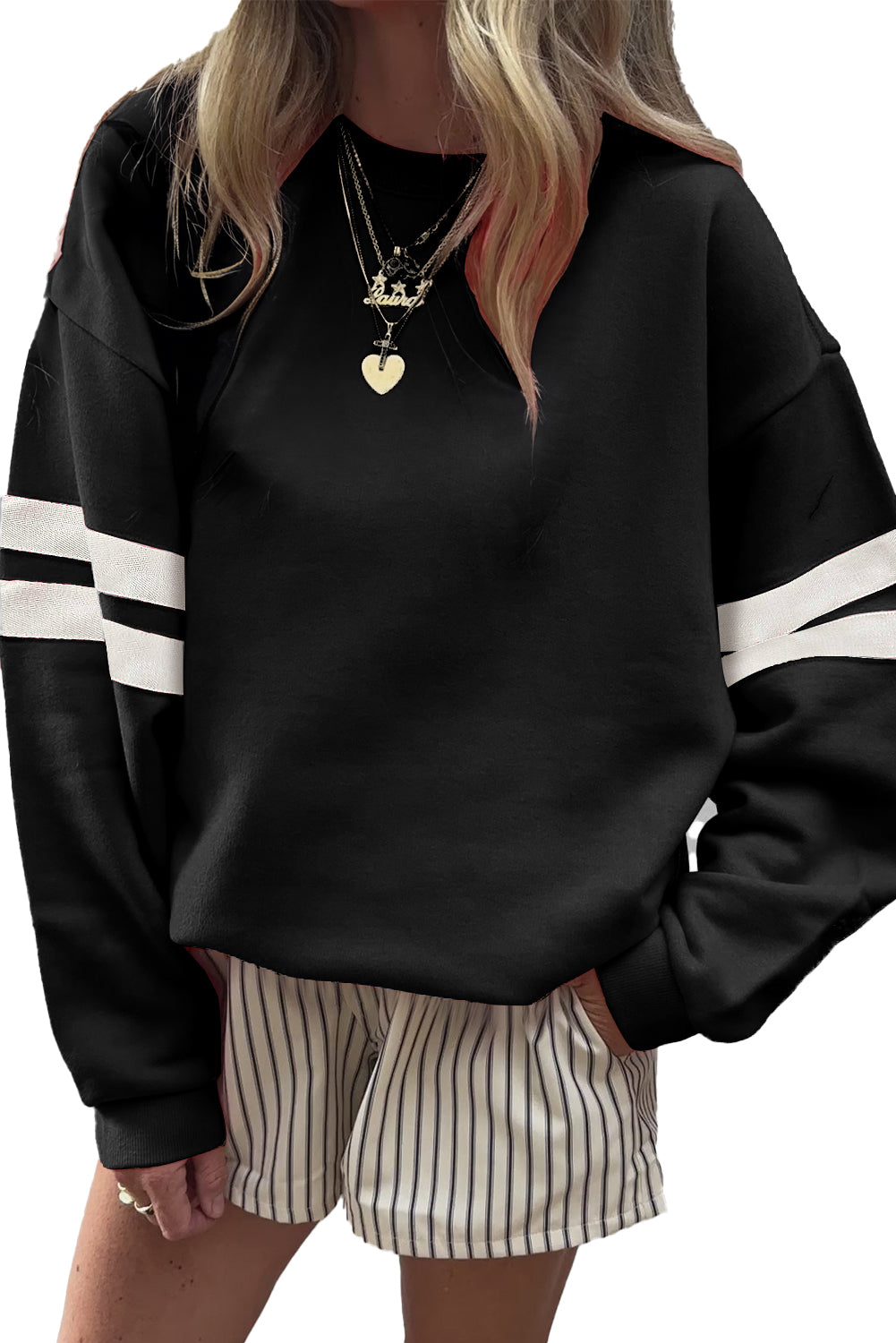 Preppy Striped Sleeve Loose Sweatshirt -7 COLOR OPTIONS