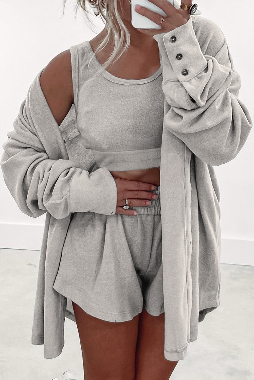 Black Shirred Hem Crop Tank Top Loose Shorts Cardigan 3 Piece Pajama Set