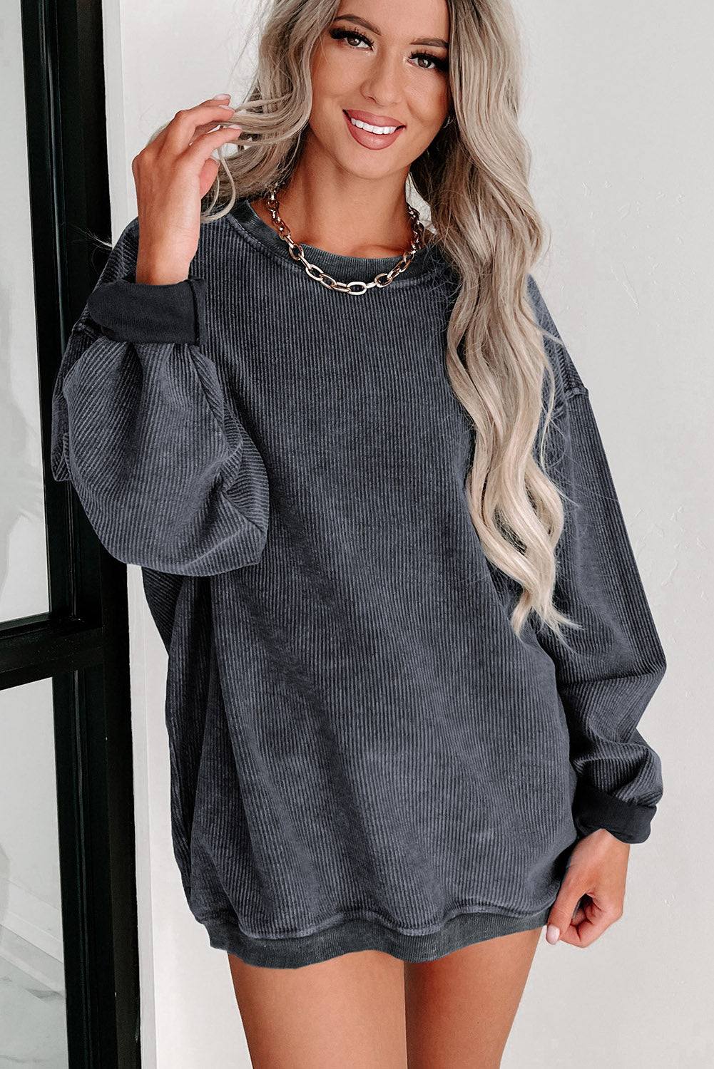 Solid Ribbed Round Neck Pullover Sweatshirt -Variety of Colors
