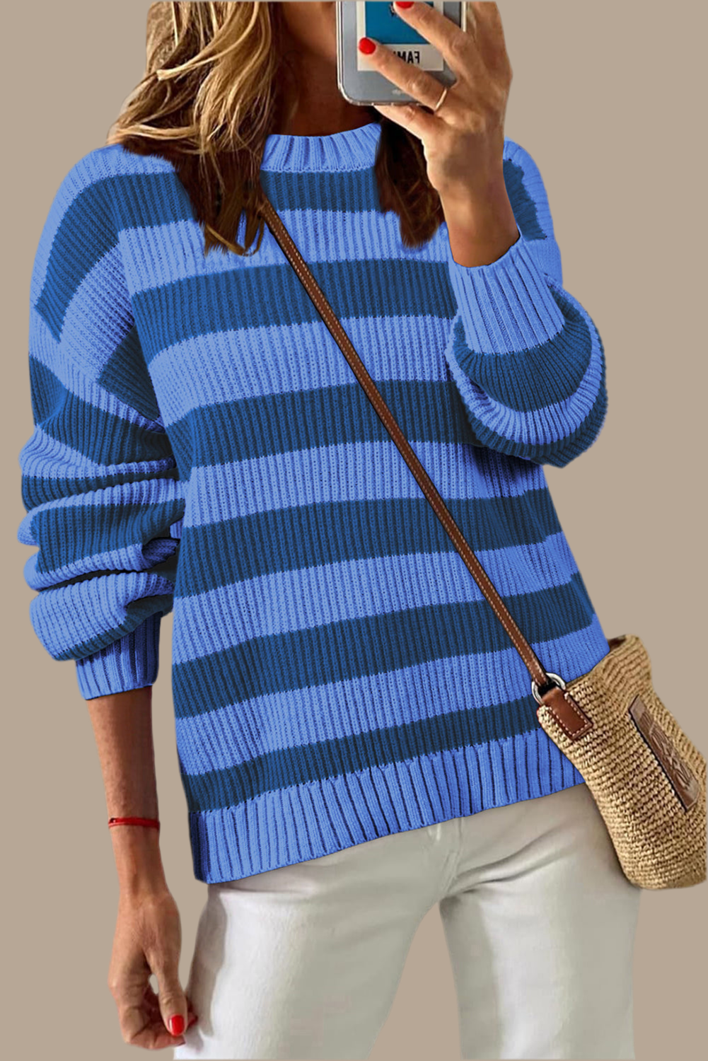 Blue Striped Drop Shoulder Casual Sweater
