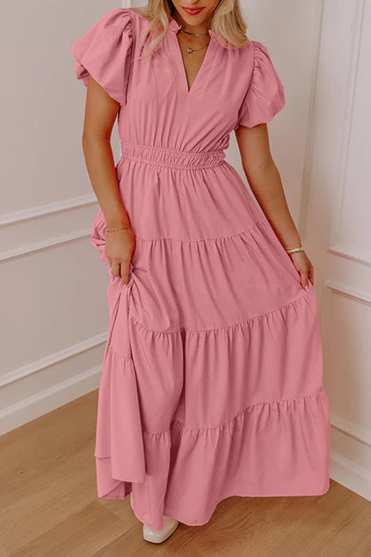Solid Color V Neck Short Puff Sleeve High Waist Tiered Maxi Dress -5 COLOR OPTIONS