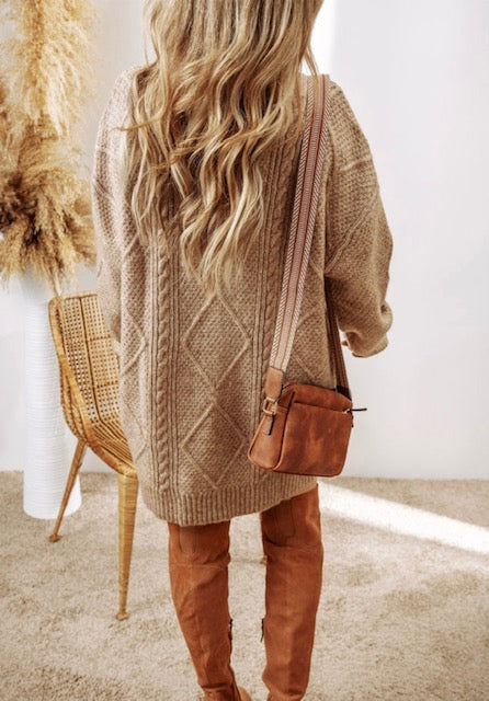 Parchment Twist Cable Knit Drop Shoulder Loose Fit Sweater Dress