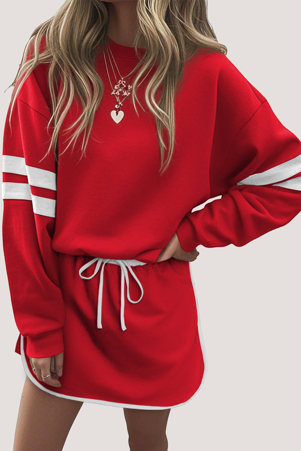Varsity Stripe Detail Drop Shoulder Pullover Mini Skirt Set -3 COLOR OPTIONS