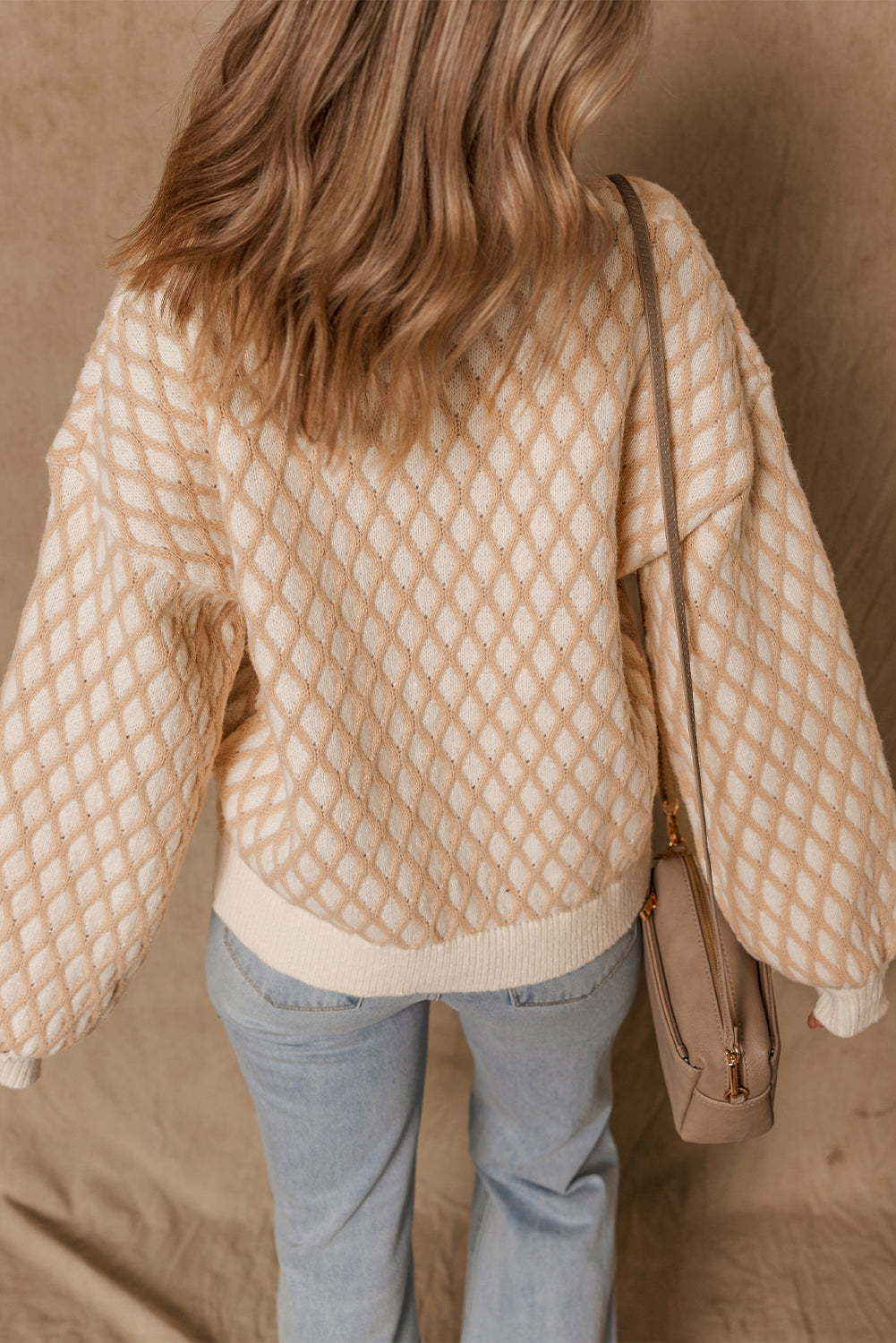 Checkered Textured Knit Mock Neck Sweater