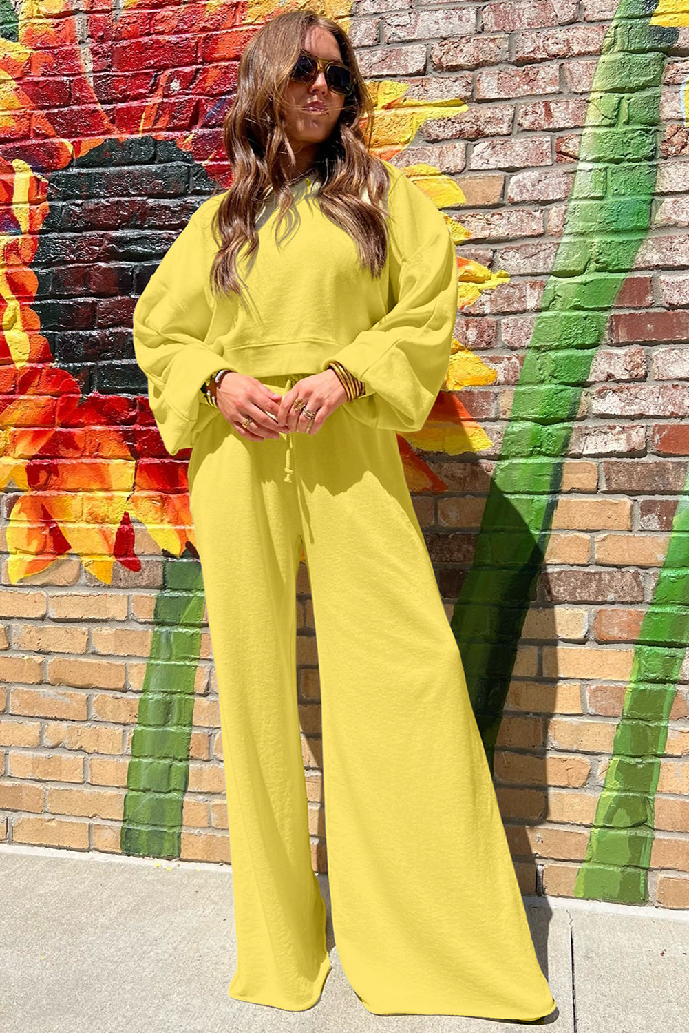 Drop Shoulder Crop Pullover Drawstring Wide Leg Pants Set -3 COLOR OPTIONS
