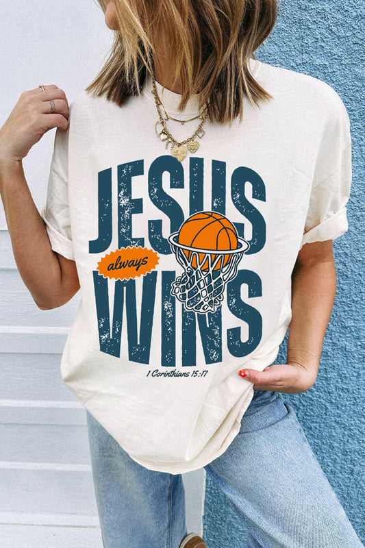 White JESUS WINS Retro Basketball Printed Tee