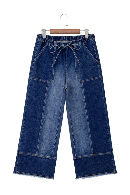 Prussian Blue Drawstring Seam Detail Raw Hem Wide Leg Jeans