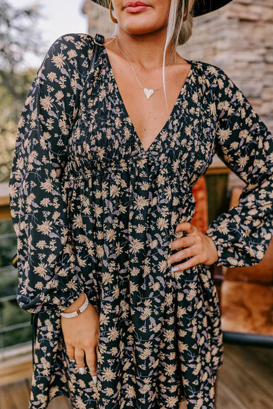 Floral Smocked V Neck Bubble Sleeve Babydoll Dress -2 COLOR OPTIONS