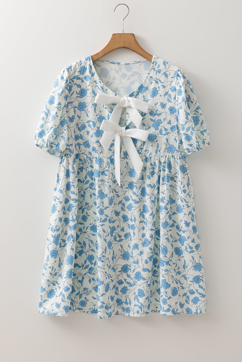 Sky Blue Floral Bow Front Puff Sleeve Mini Dress