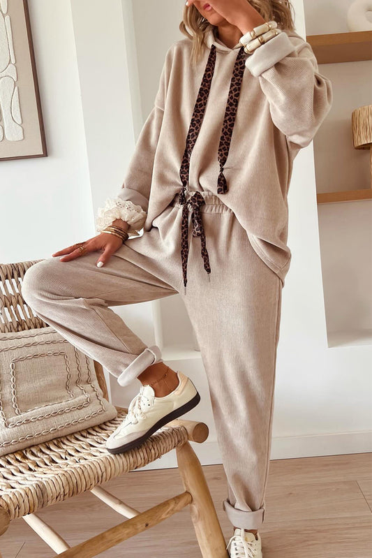 Drawstring Pullover Hoodie and High Waist Pants Corduroy Suit -2 COLOR OPTIONS