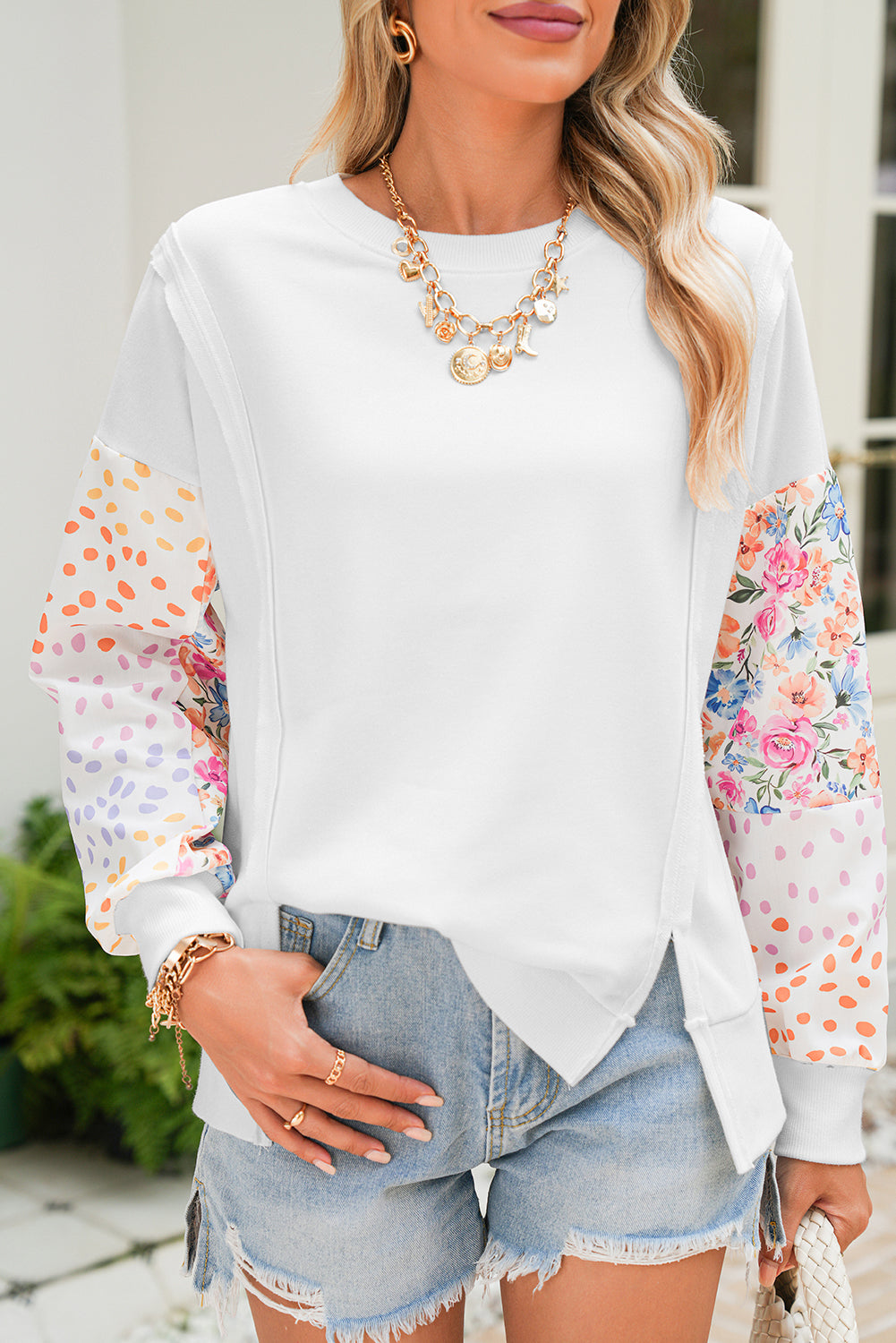 White Floral Dotted Print Patchwork Sleeve High Low Sweatshirt
