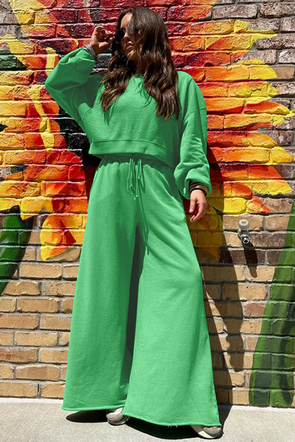 Drop Shoulder Crop Pullover Drawstring Wide Leg Pants Set -3 COLOR OPTIONS