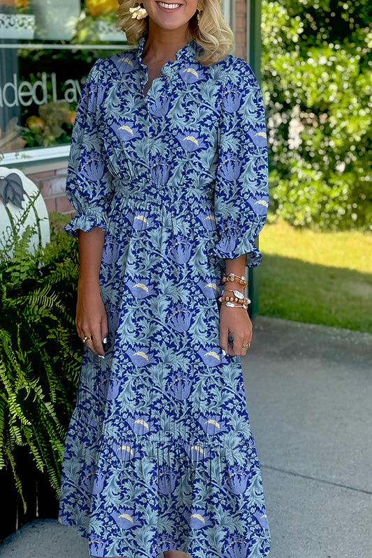 Floral Printed Frilled V Neck Bracelet Sleeve Long Dress -2 COLOR OPTIONS