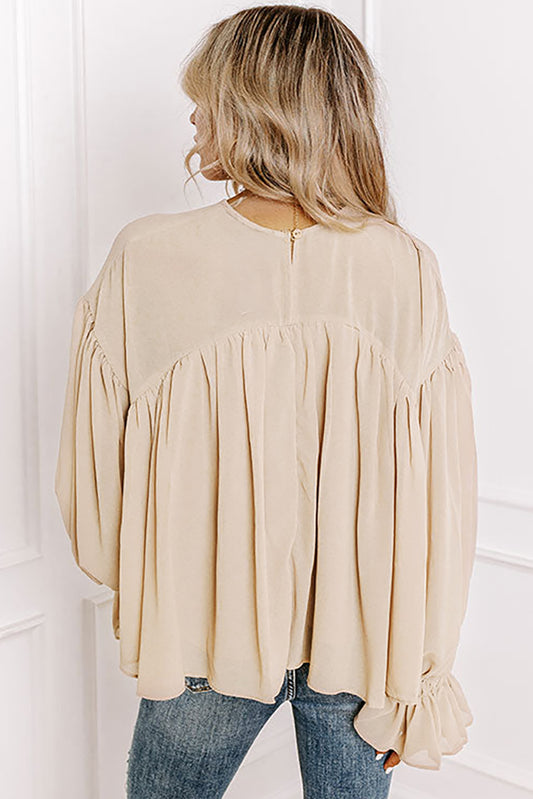 Parchment Pleated Ruffle Long Sleeve Chiffon Blouse