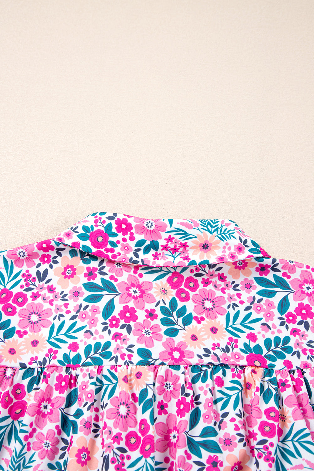 PLUS SIZE- Pink Floral Half Button Puff Sleeve A Line Dress